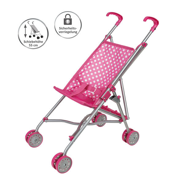 Idena Puppenbuggy pink zusammenklappbar, Schiebehöhe 55cm, Aufbaumaß 26,5x55x41cm