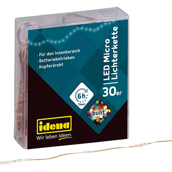 Idena Micro Lichterkette 30 LED, bunt,6h-Timer, Kupferdraht, für Innen
