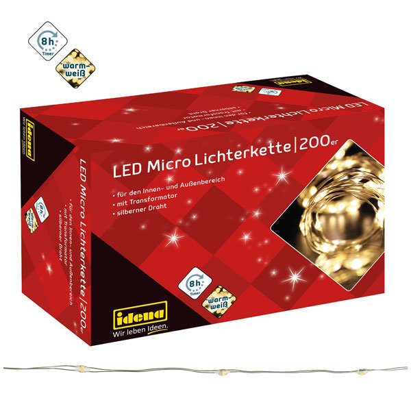 Idena Micro Lichterkette 200 LED warmweiß 8h Timer Silberdraht f.Innen/Außen