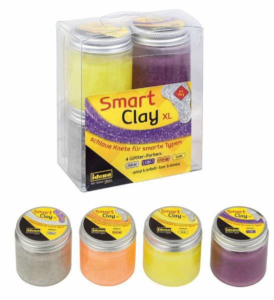 Idena XL Smart Clay Glitter, 4er Pack, je 70g silber,lila,orange & gelb