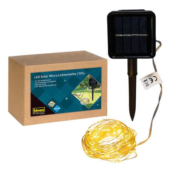 Idena Solar Lichterkette 120 Micro LED ww Erdspieß Silberdraht GL 12,4m Akku