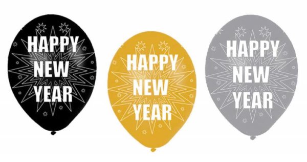 Luftballons Happy New Year silber gold 6er Silber/Schwarz/gold