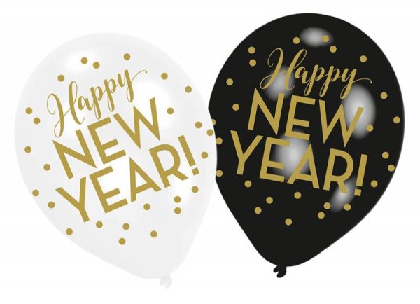 Luftballons Happy New Year schwarz weiß 6er Schwarz/Weiß/gold